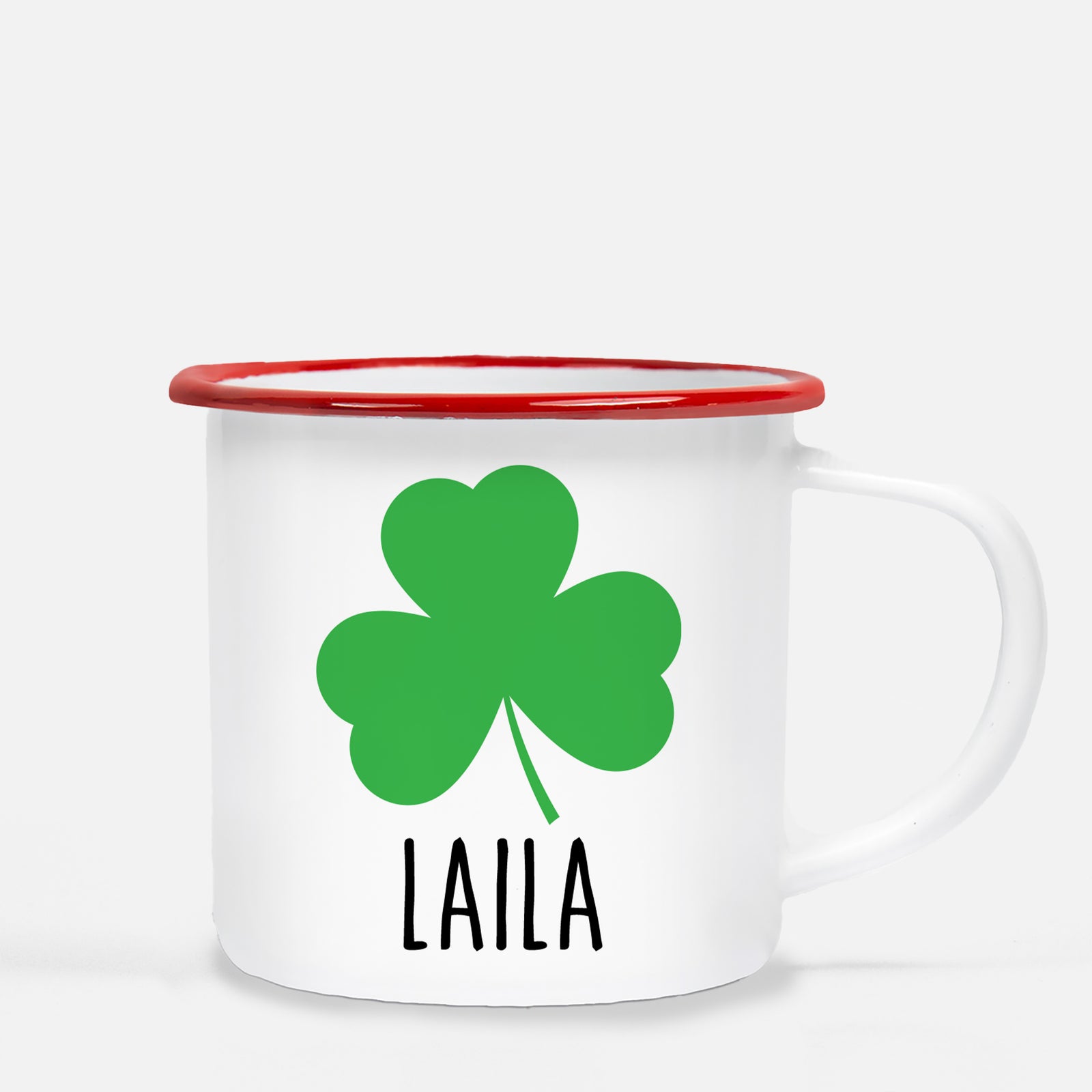 Green Shamrock, silver lip Personalized Happy St. Patrick's Day12 oz metal camp mug.  Silver lip, white enamel, dishwasher safe, design printed on both sides.  unbreakable Pipsy.com