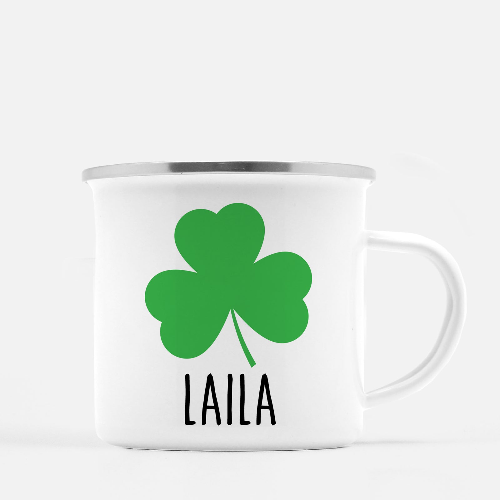 Green Shamrock, silver lip Personalized Happy St. Patrick's Day12 oz metal camp mug.  Silver lip, white enamel, dishwasher safe, design printed on both sides.  unbreakable Pipsy.com