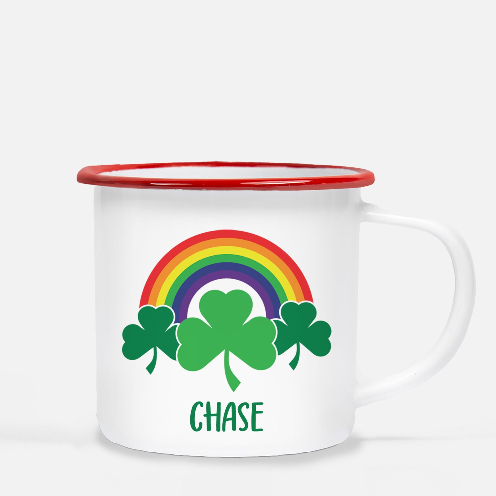 Rainbow with Shamrock Personalized Happy St. Patrick's Day12 oz metal camp mug.  Silver lip, white enamel, dishwasher safe, design printed on both sides.  unbreakable Pipsy.com