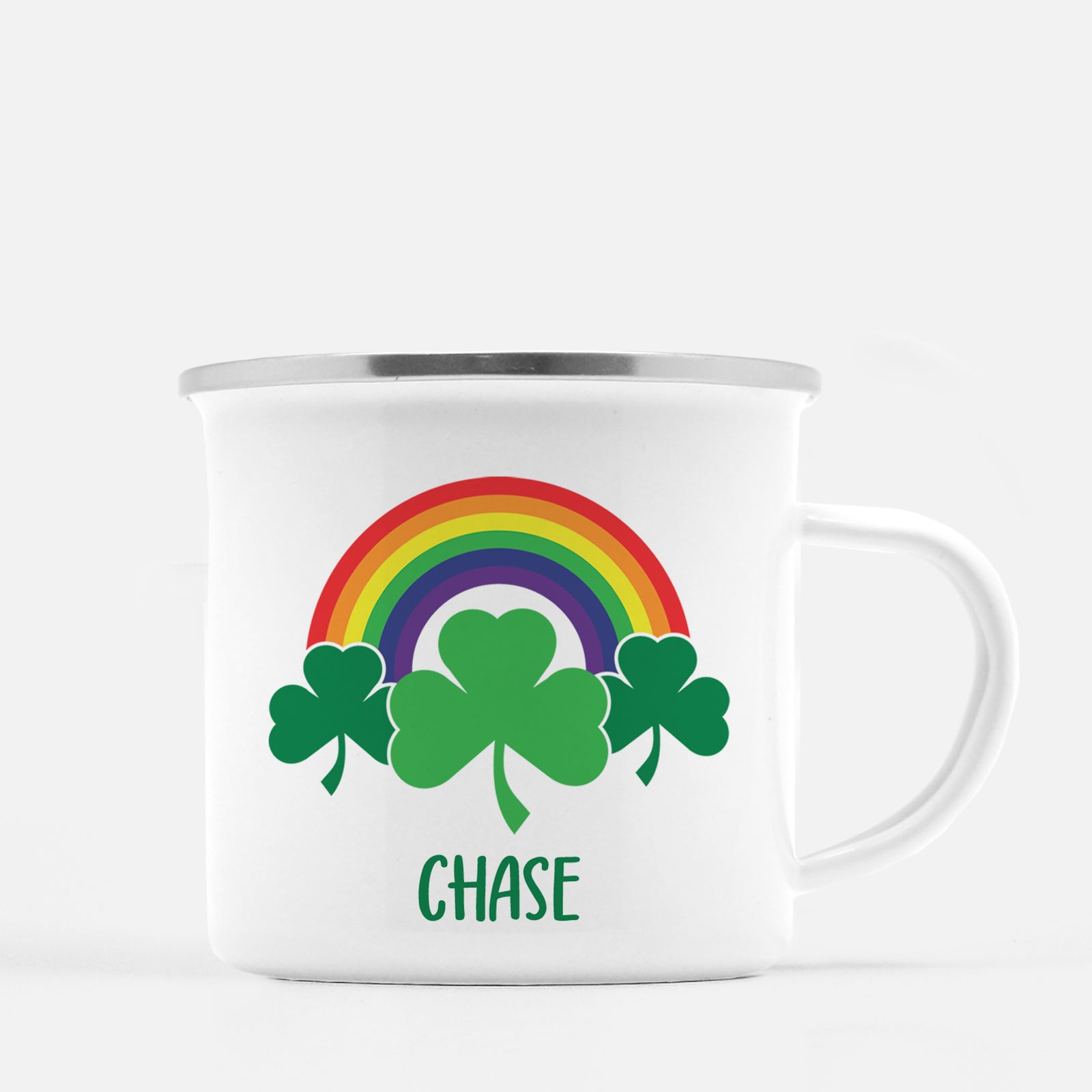 Rainbow with Shamrock Personalized Happy St. Patrick's Day12 oz metal camp mug.  Silver lip, white enamel, dishwasher safe, design printed on both sides.  unbreakable Pipsy.com