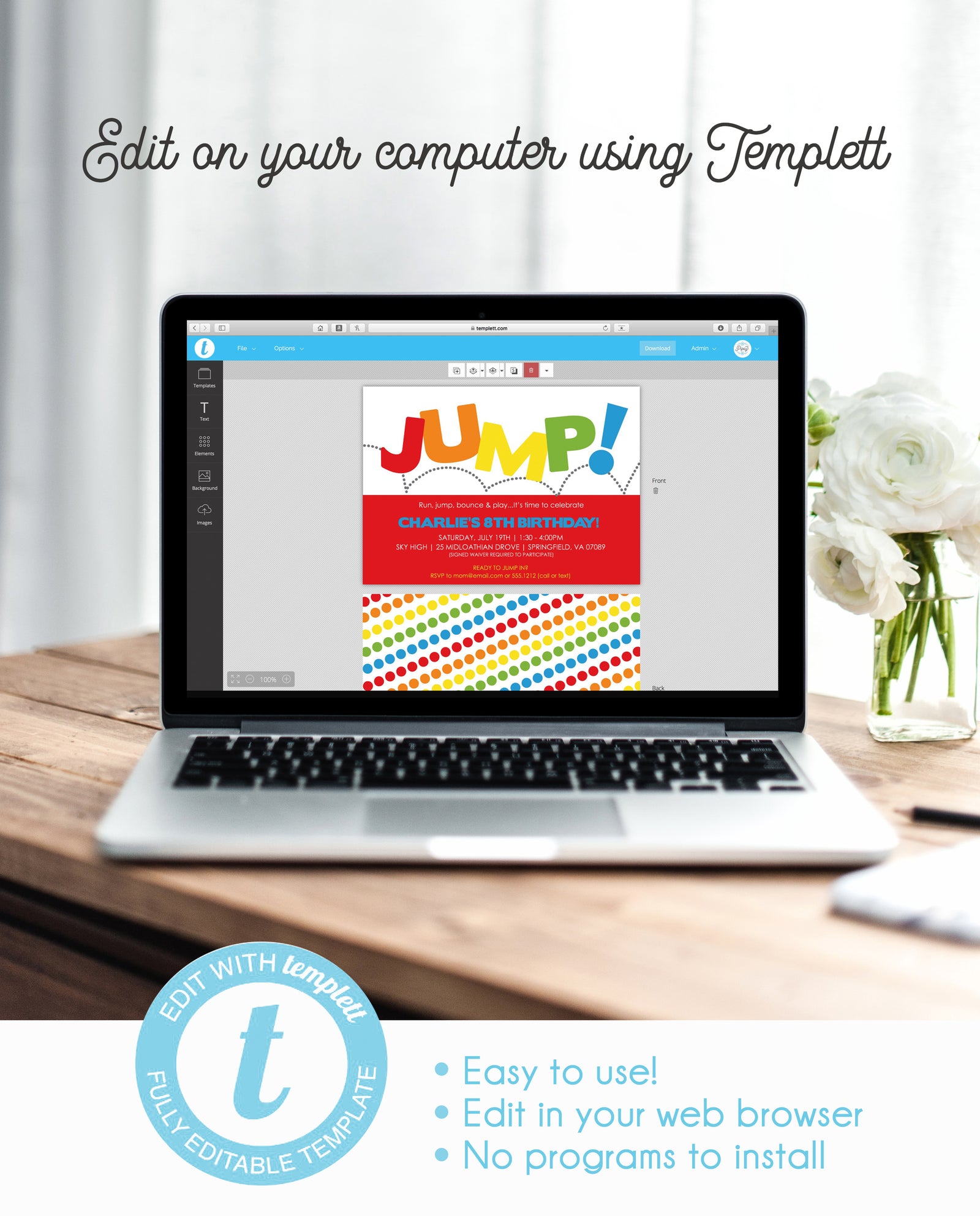 Jump Birthday Invitation | Templett Invitation | Instant Download | PIPSY.COM | Primary Colors