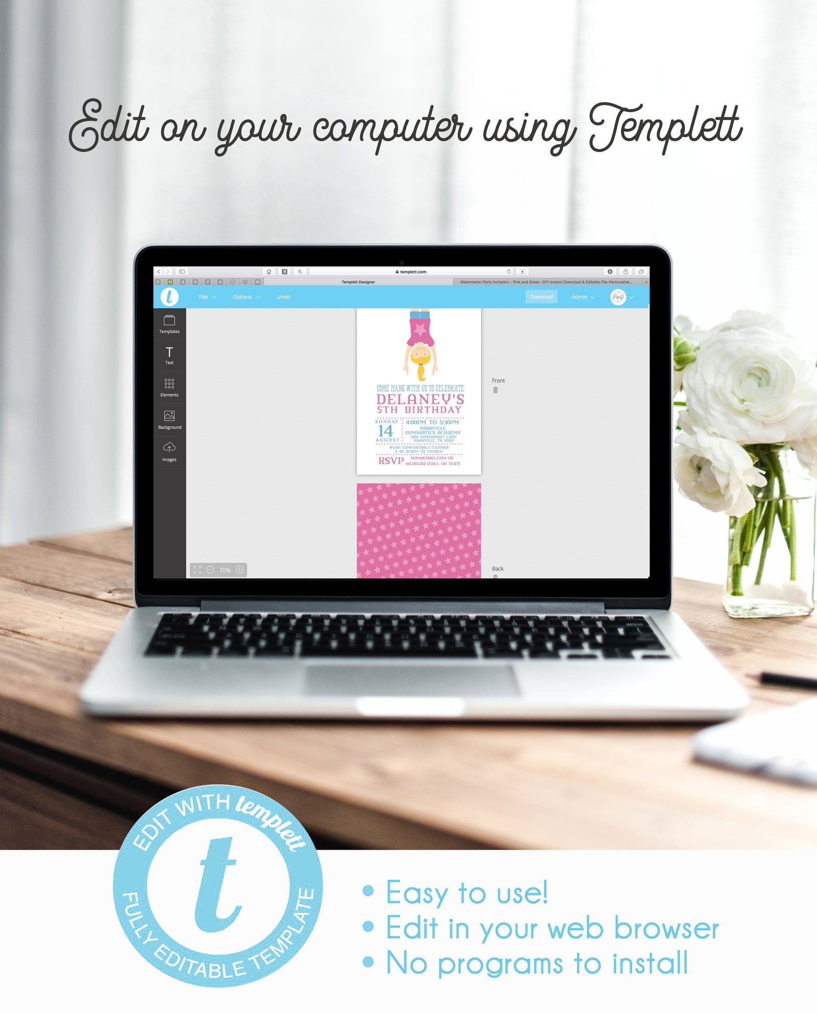 Girl Gymnastics Birthday Invitation | Instant download and editable | PIPSY.COM