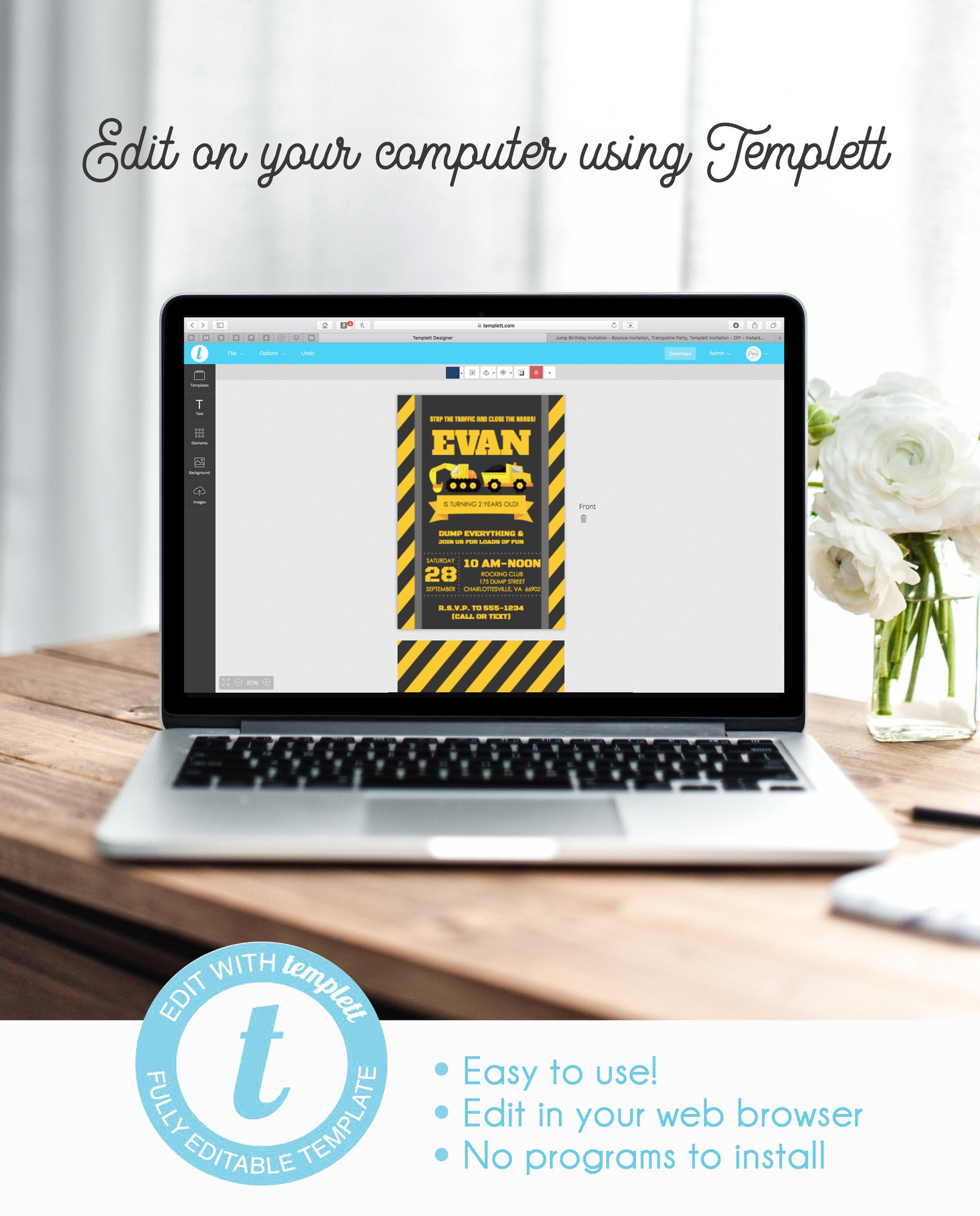 Construction Birthday Invitation, Instant Download Templett, Backhoe, Dumptruck, PIPSY.COM