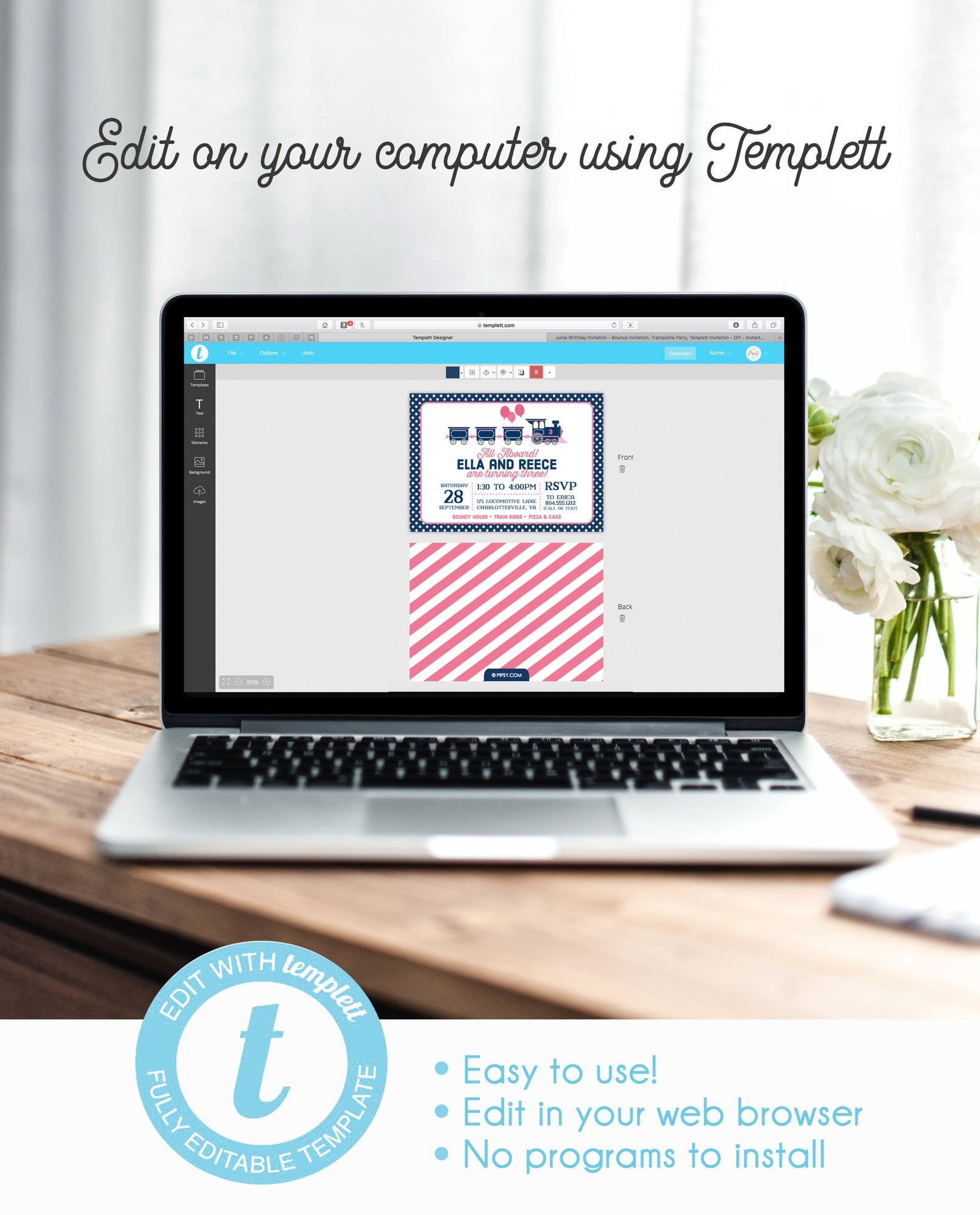 Twin Train Birthday Invitations | Pink and Blue Instant Download | Templett Invitation | PIPSY.COM