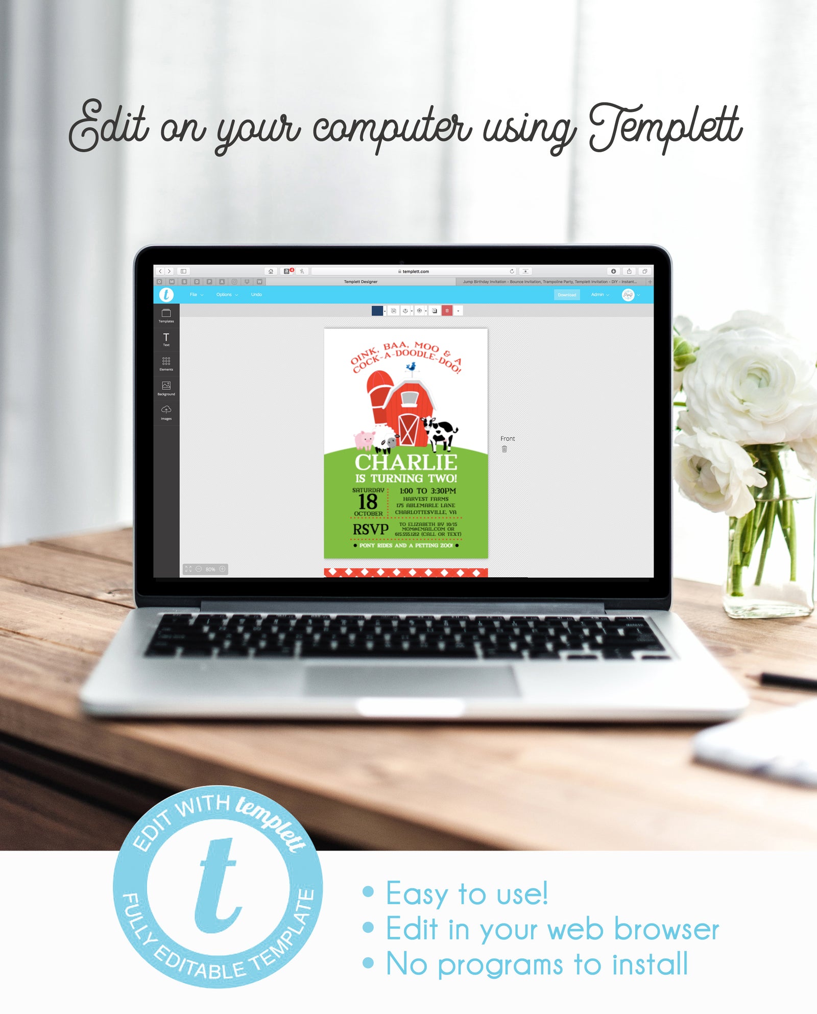 Red Barn Birthday Invitation with Gingham | DIY Instant Download Invitation |  Templett Invitation | PIPSY.COM