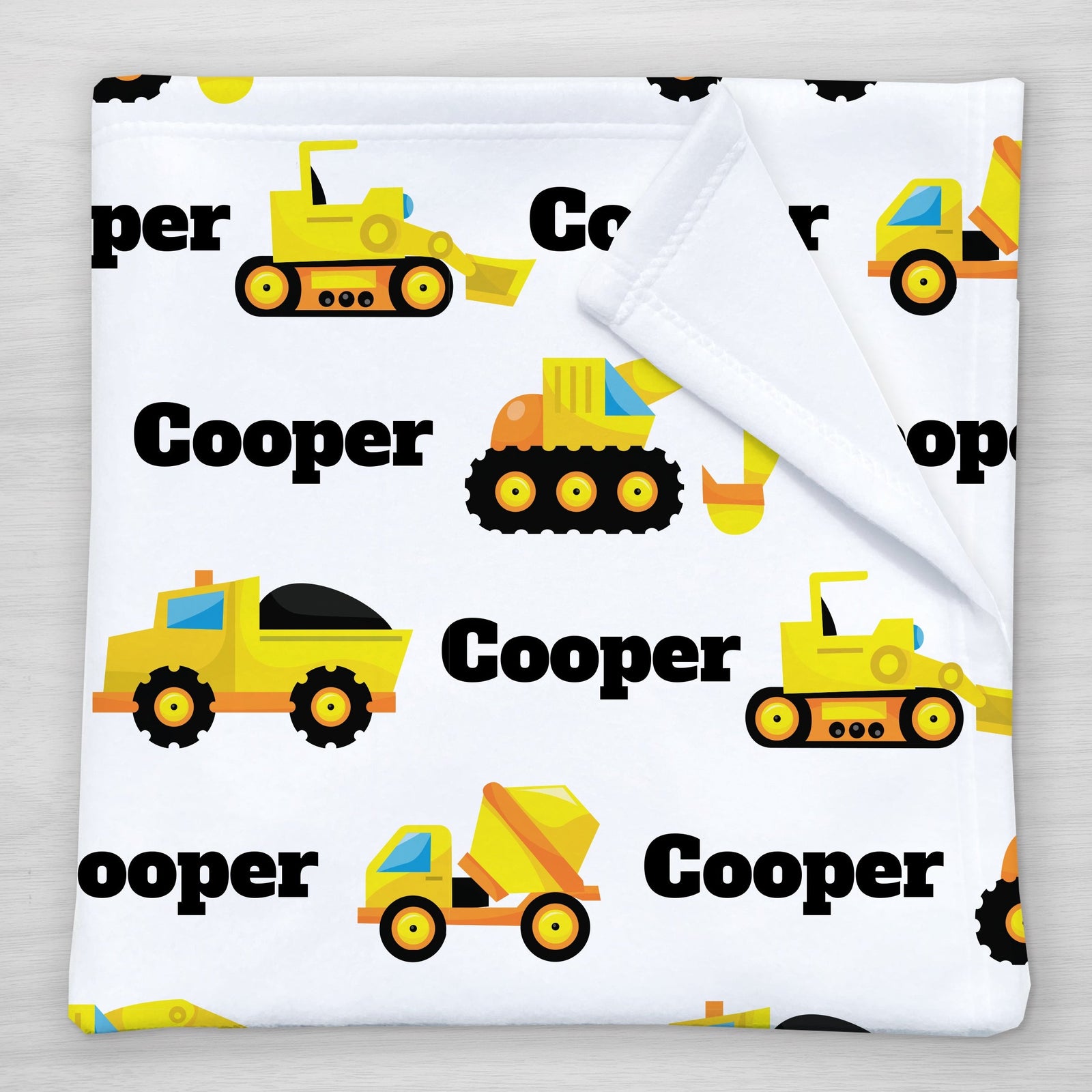 Construction Vehicles Personalized Baby Boy Name Blanket, backhoe, bulldozer, dump truck