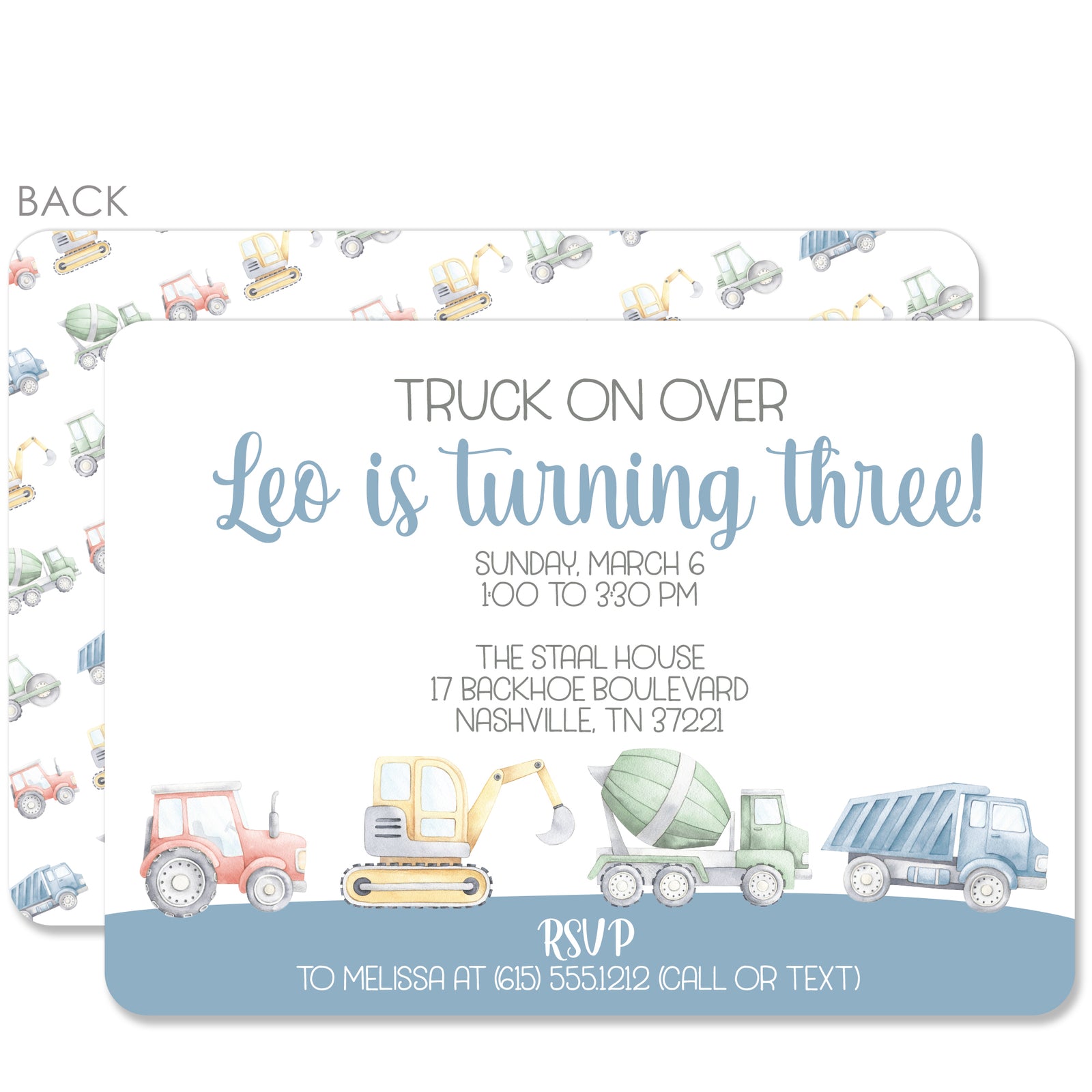 Construction invitation with a tractor, backhoe, cement truck and dump truck. Watercolor style printed on thick cardstock