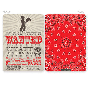 Cowboy birthday invitations, featuring a child and a stick horse. Printed on heavy cardstock with a red bandana print on the back