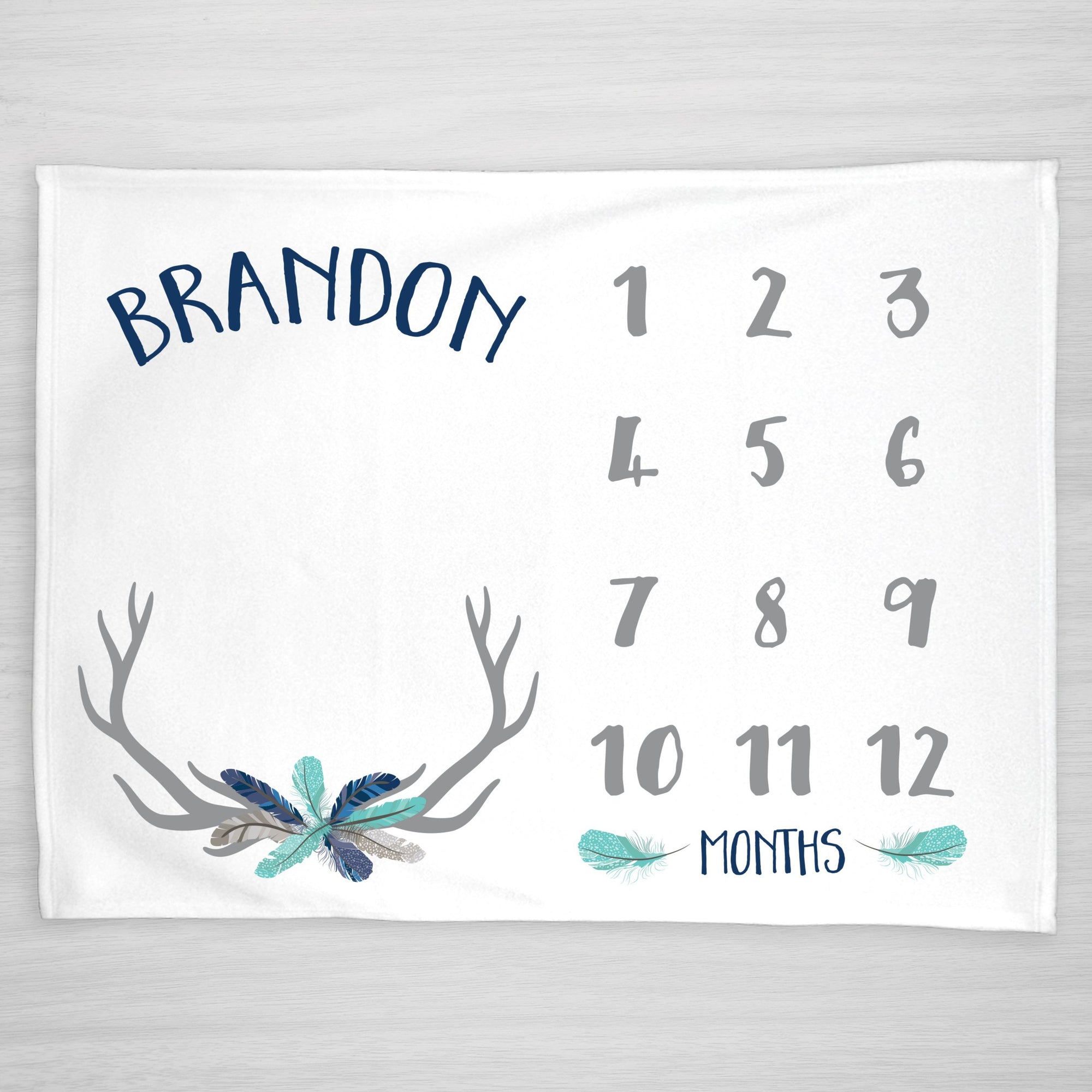 Deer Antler and Feather Baby Milestone blanket, in navy blue, aqua, and gray, personalized
