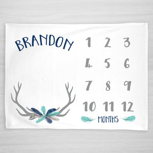 Deer Antler and Feather Baby Milestone blanket, in navy blue, aqua, and gray, personalized