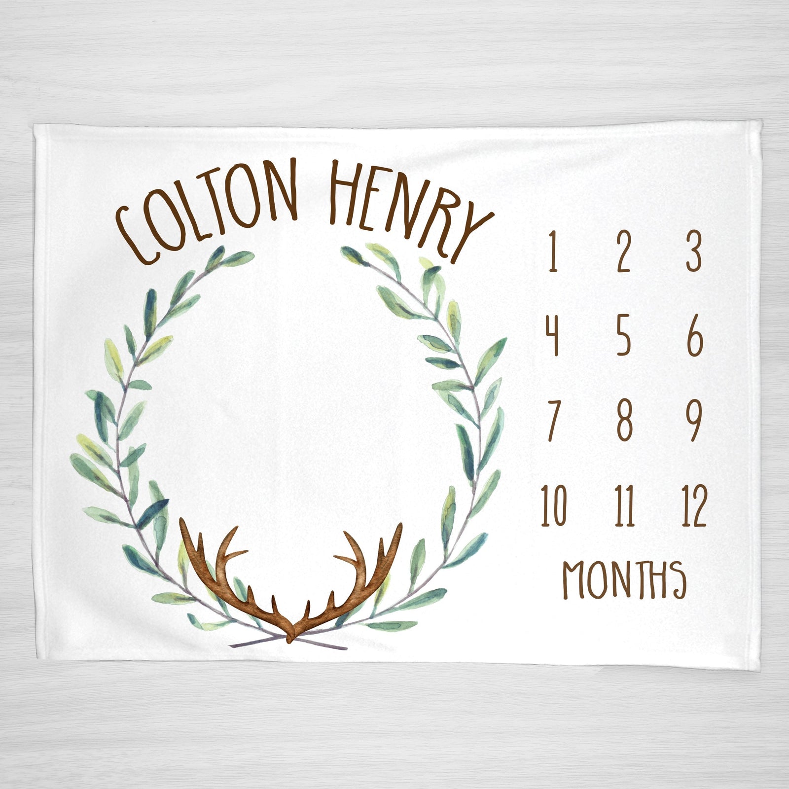 Boy Milestone Blanket, Track Growth and Age, Newborn Baby Shower Gift, featuring a green leaf wreath and deer antlers, super soft fleece
