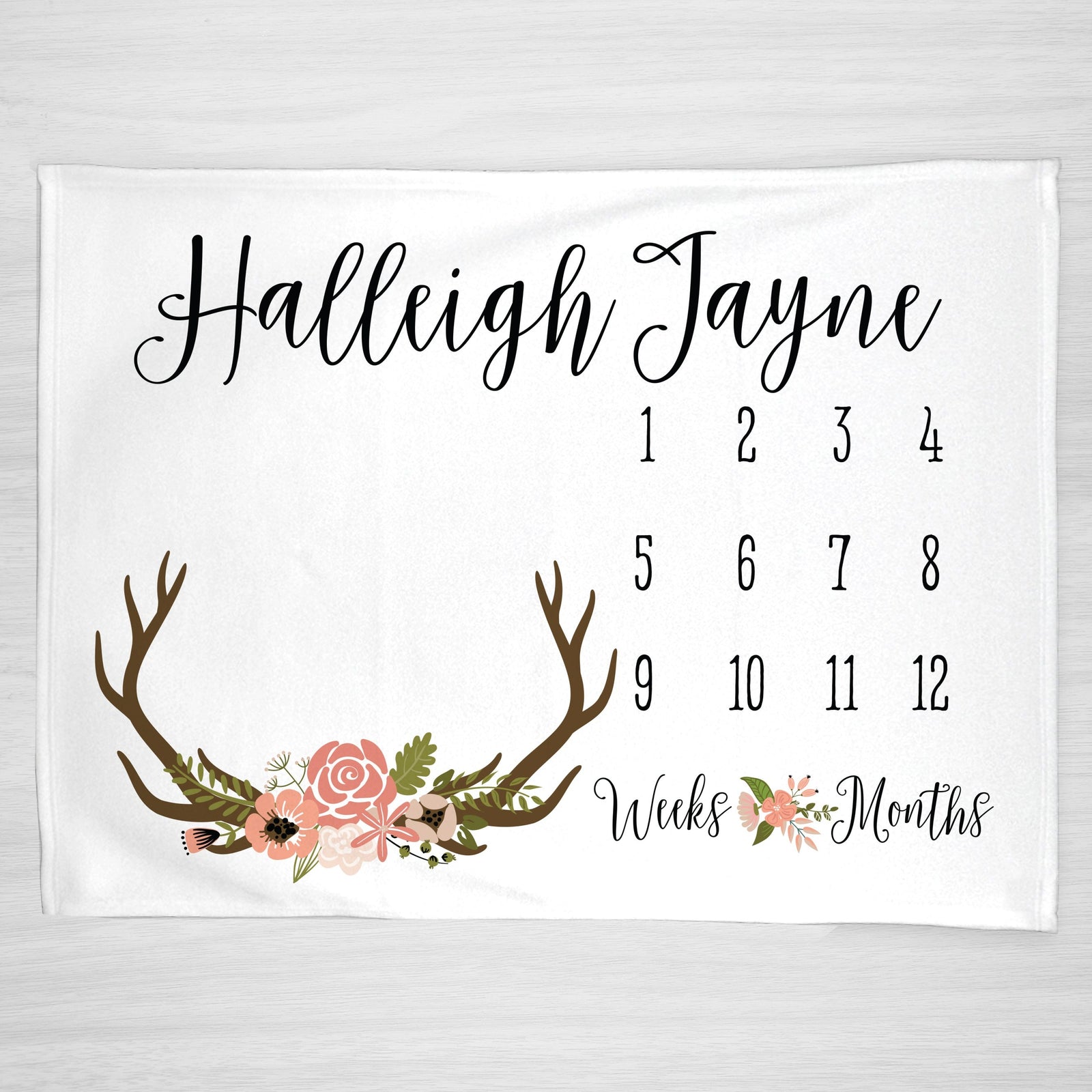 Deer Antler Girl Month Milestone Blanket, Boho design in browns, black, and peach