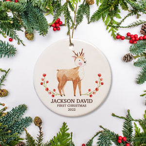Personalized Christmas ornament 2021 | Standing Deer with berry garland | Name | First Christmas | Year | Pipsy.com