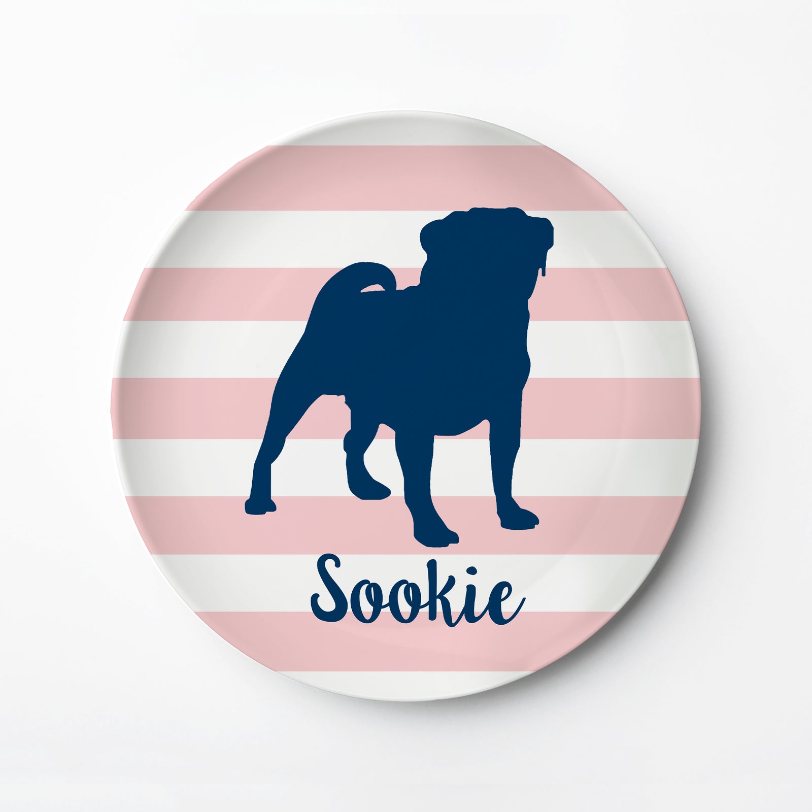 Personalized ThermoSāf® hard plastic plate with silhouette of your favorite dog breed, pug, boxer, labradoodle, Pipsy.com