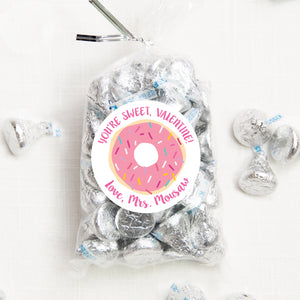 Donut | Pink Icing | You're Sweet 2.5" Round Valentine's Day Sticker for candy bag | Classroom Party | Personalized stickers | PIPSY.COM