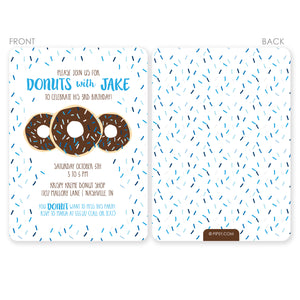 Donut Birthday Party invitation with chocolate donuts and blue sprinkles, printed on thick cardstock with 2 sided printing, includes envelopes