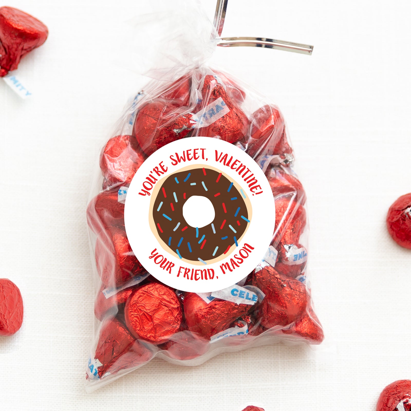 Chocolate donut valentine sticker | 2.5" Round Valentine's Day Sticker for candy bag | Classroom Party | Personalized stickers | PIPSY.COM