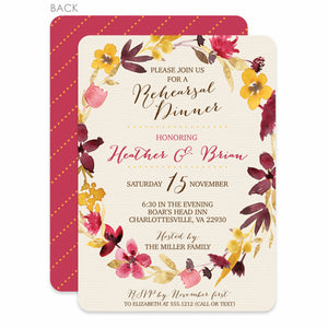 Dried Flower Watercolor Rehearsal Invitation | Swanky Press | Warm Reds and Yellows