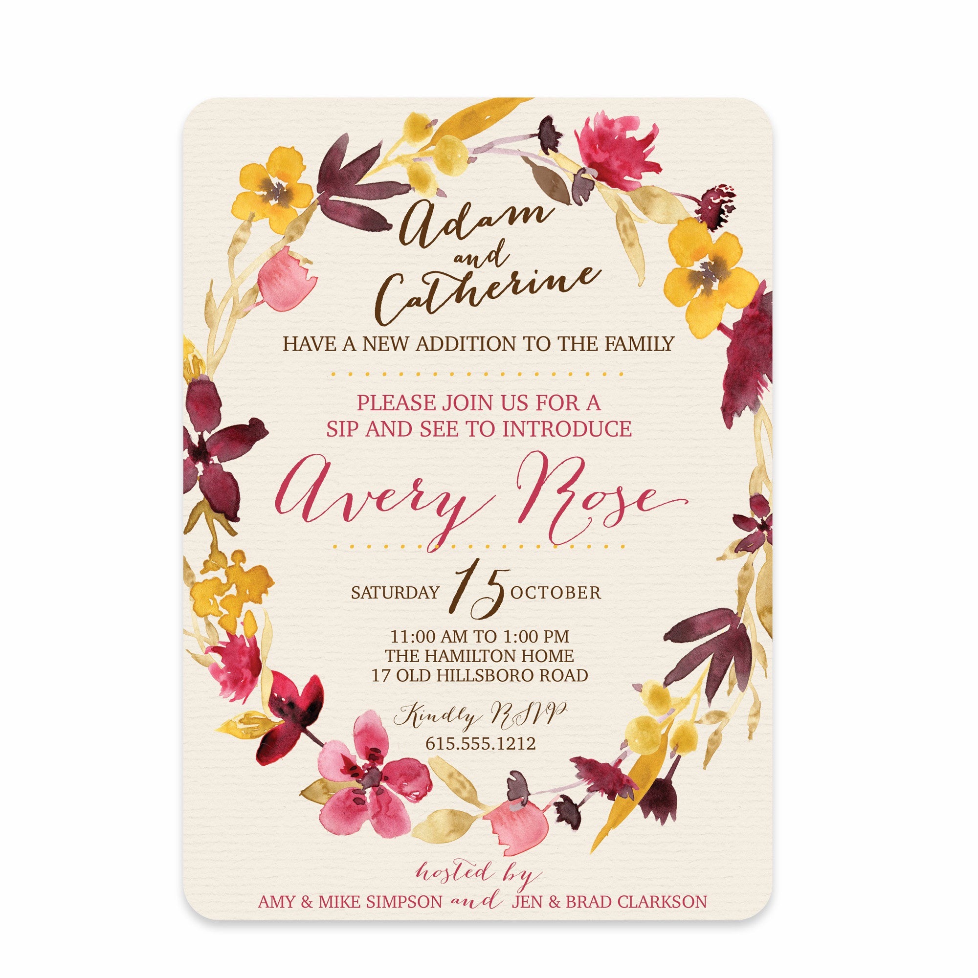 Floral Wreath Sip and See Invitation | Swanky Press (front view)