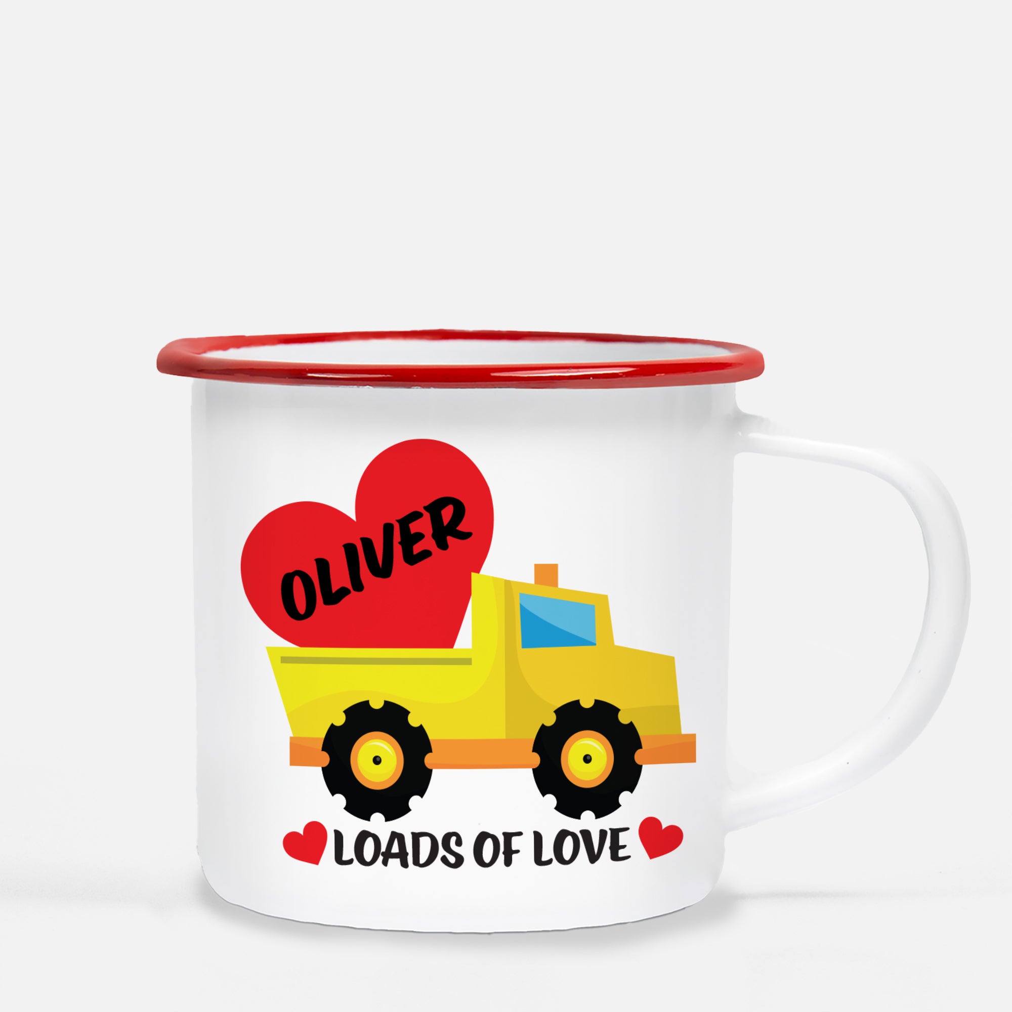 Personalized Camp Mug - white ceramic 12 oz metal mug  with red lip | Great for kids | yellow and orange dump truck | Valentine's Day gift | Loads of love