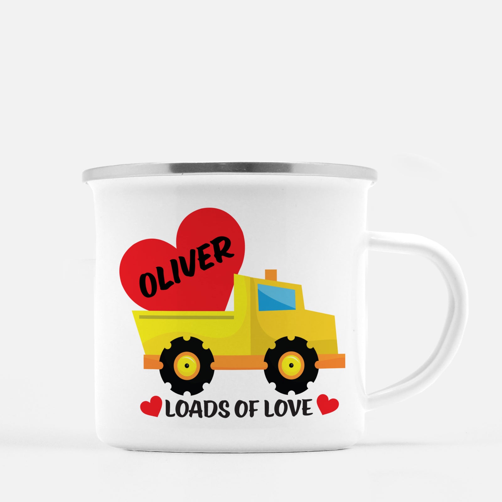 Personalized Camp Mug - white ceramic 12 oz metal mug  with red lip | Great for kids | yellow and orange dump truck | Valentine's Day gift | Loads of love