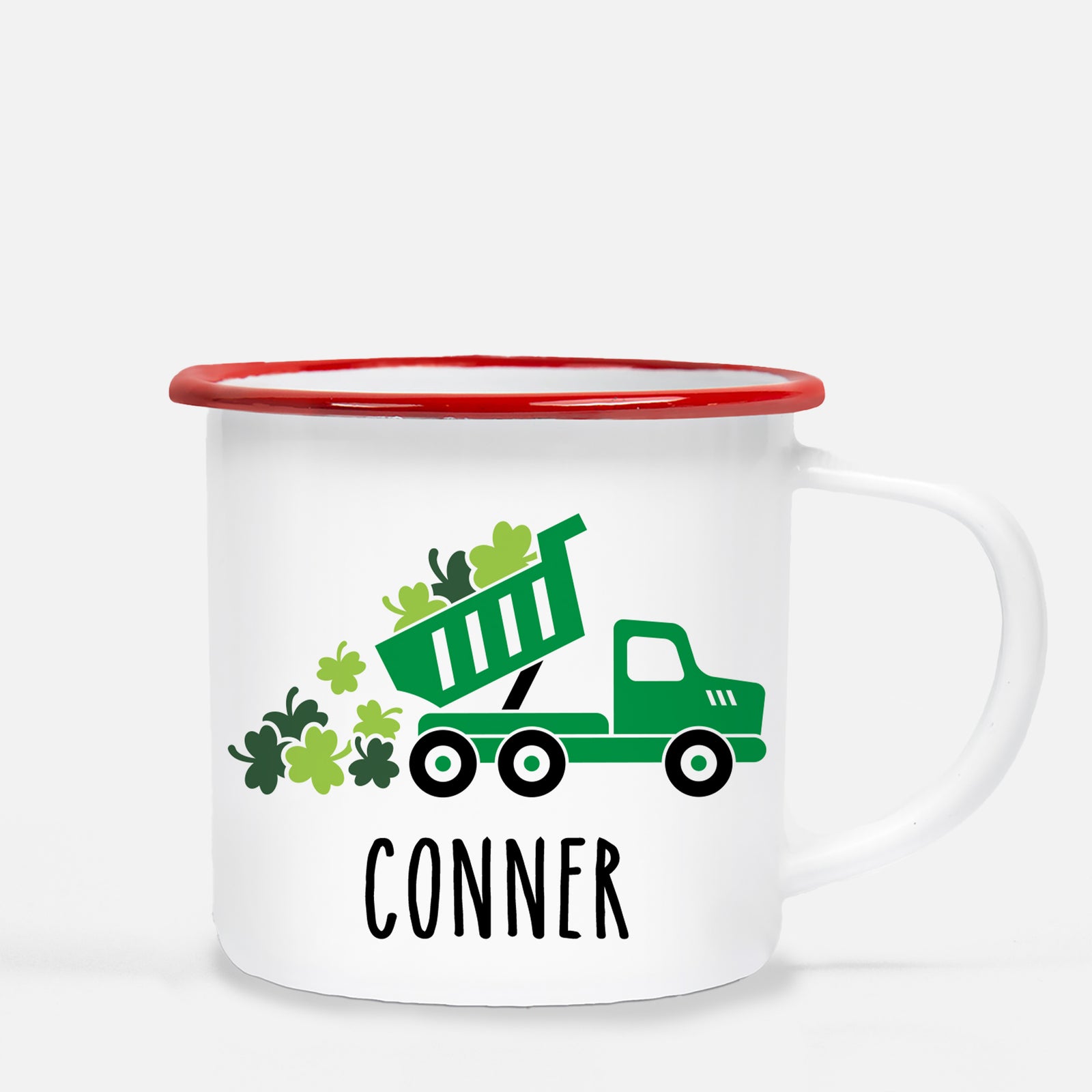 Dump Truck Personalized Happy St. Patrick's Day12 oz metal camp mug.  Silver lip, white enamel, dishwasher safe, design printed on both sides.  unbreakable Pipsy.com