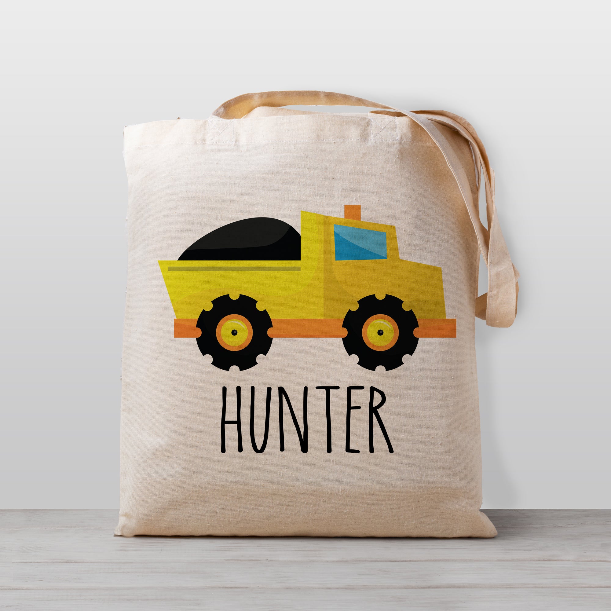 Dump truck personalized tote bag, for boys or girls, 100% natural cotton canvas