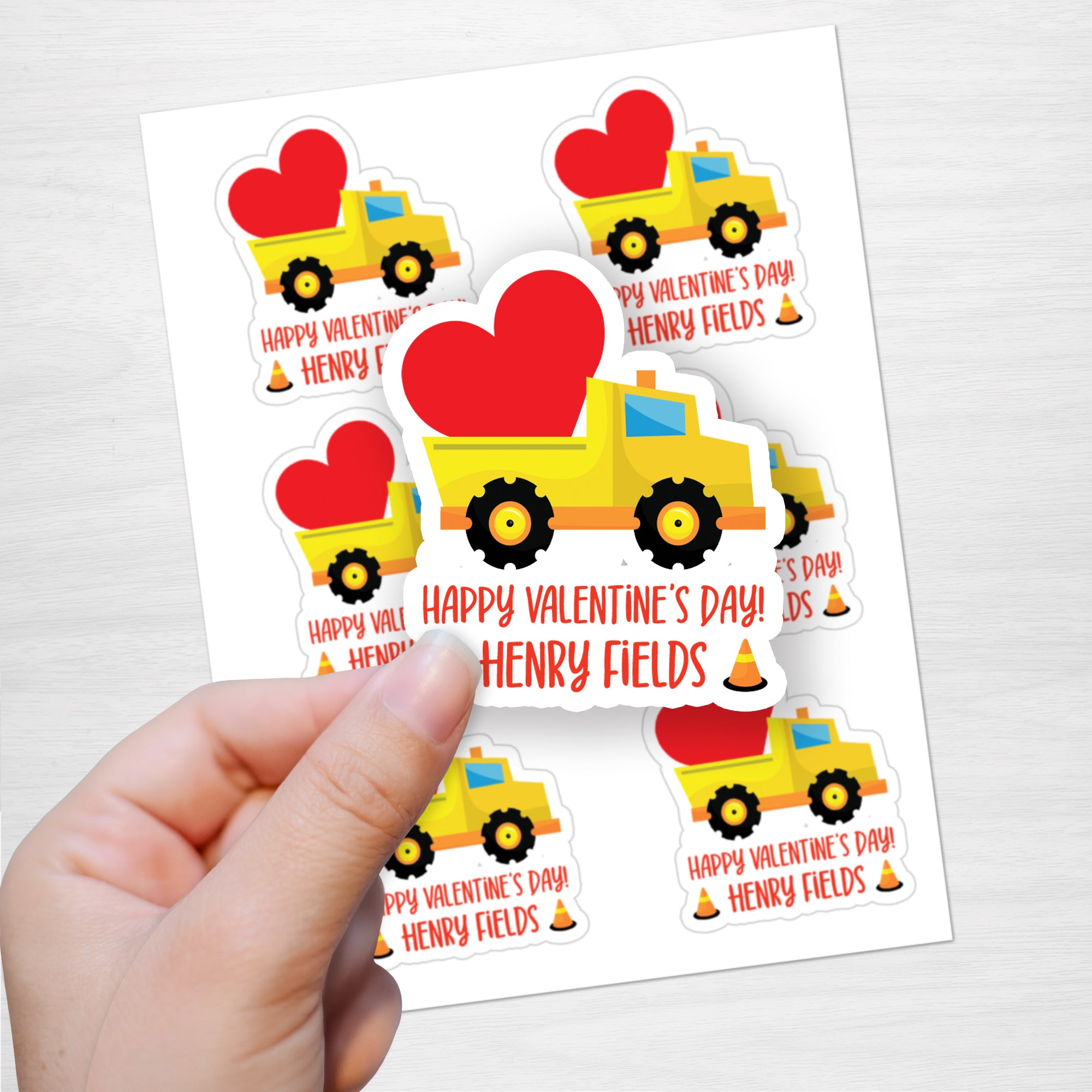 Valentine's Day Stickers, Personalized and Custom Die cut featuring a construction dump truck hauling a heart