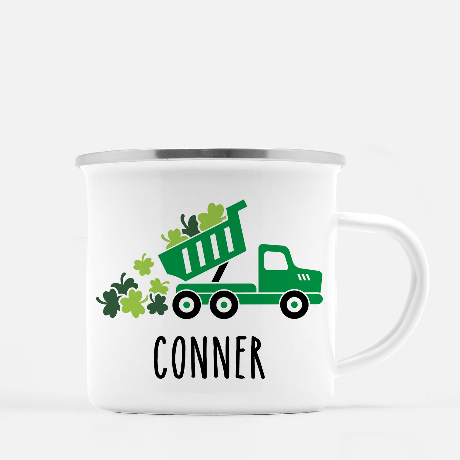 Dump Truck Personalized Happy St. Patrick's Day12 oz metal camp mug.  Silver lip, white enamel, dishwasher safe, design printed on both sides.  unbreakable Pipsy.com