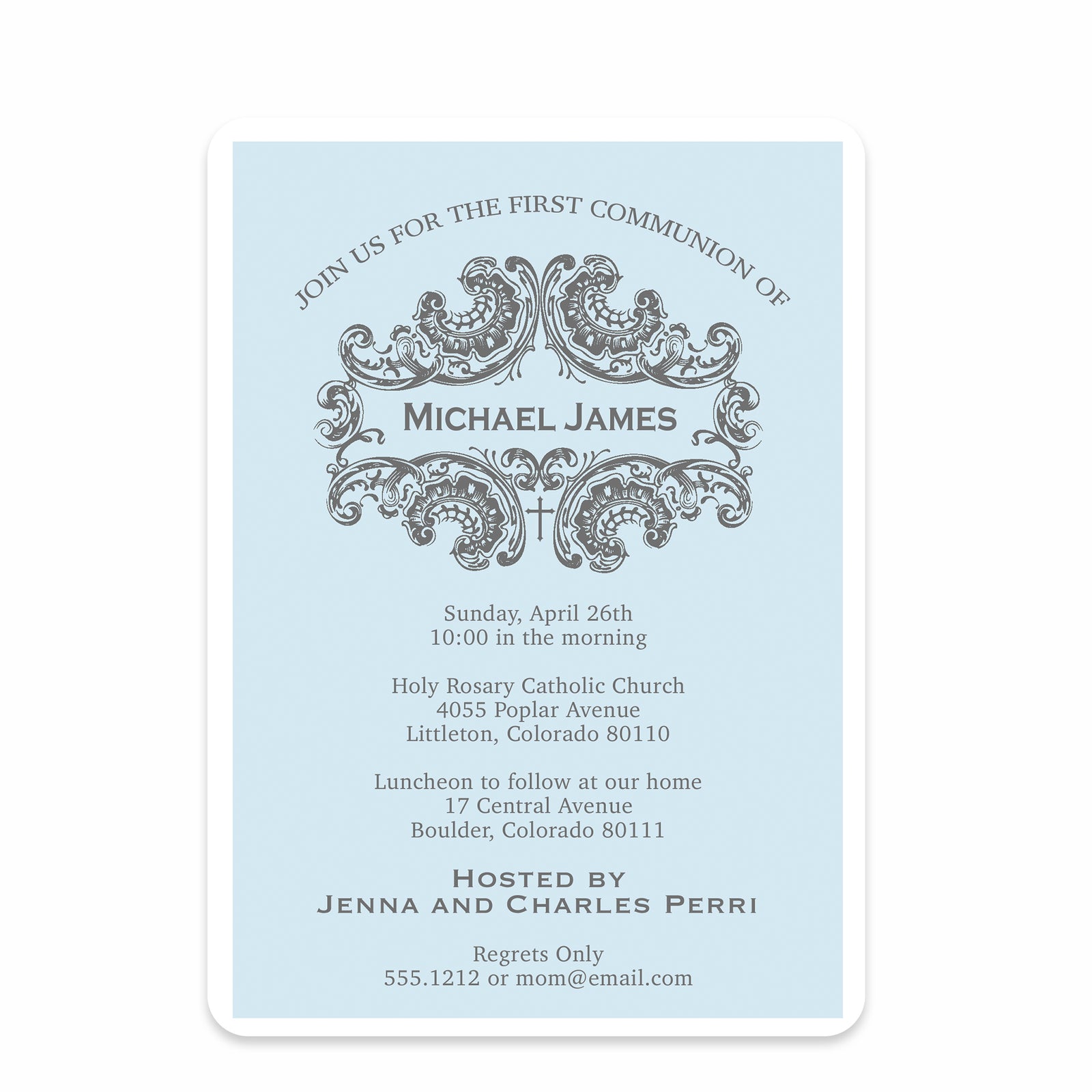 Elegant first communion invitation in blue and grey, printed on heavy cardstock, from Pipsy.com