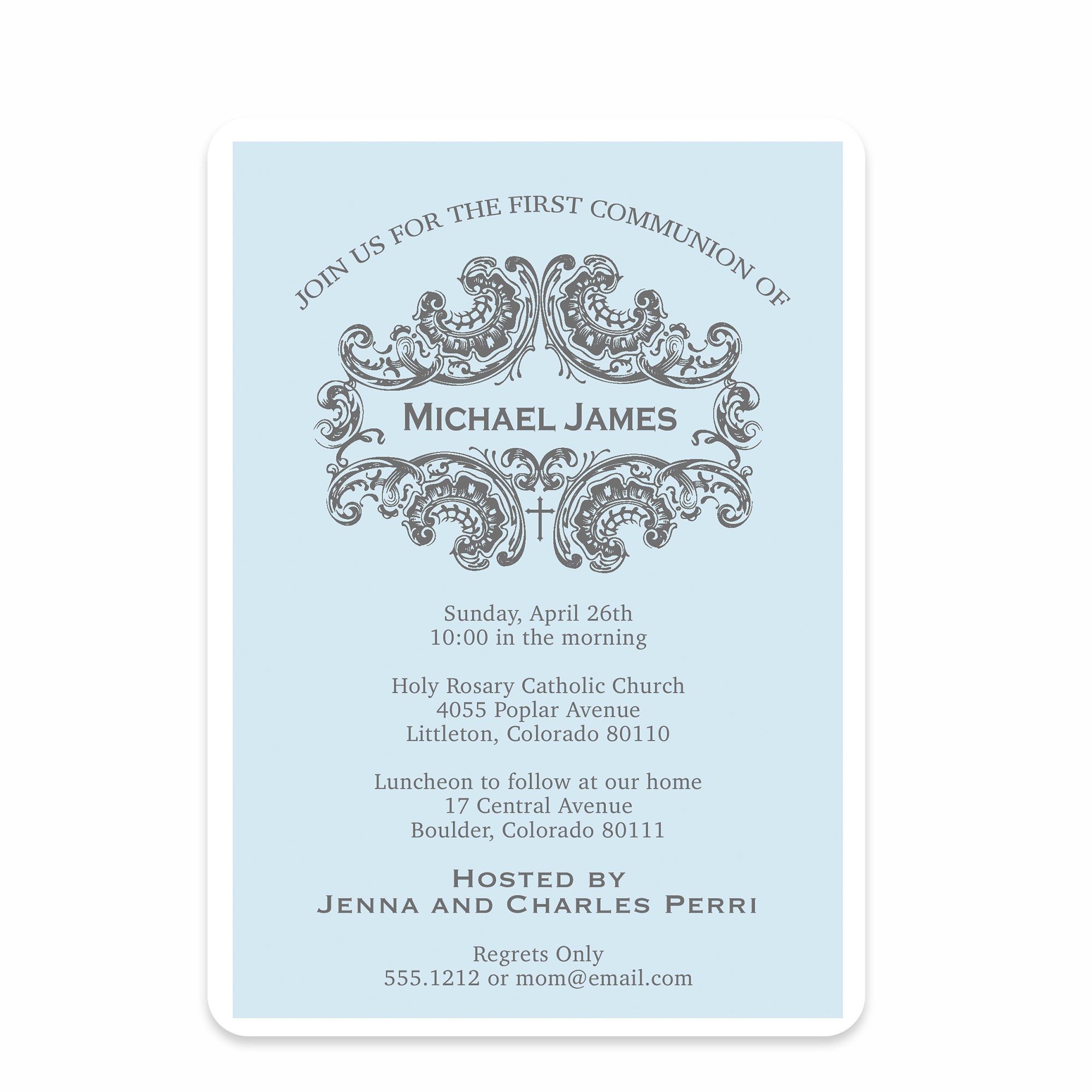 Elegant first communion invitation in blue and grey, printed on heavy cardstock, from Pipsy.com, front
