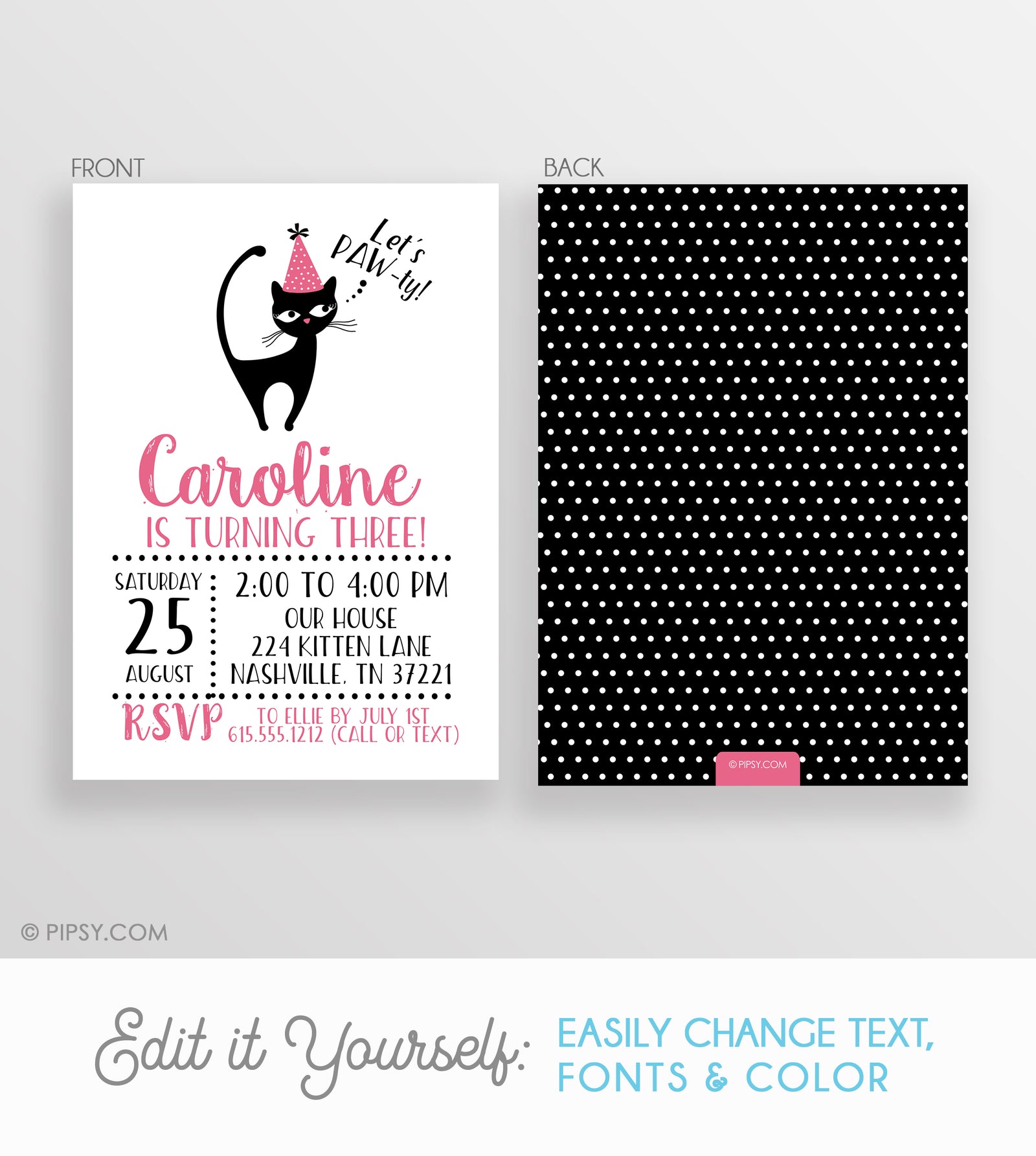 Cat Birthday Invitation, Instant Download editable on your computer