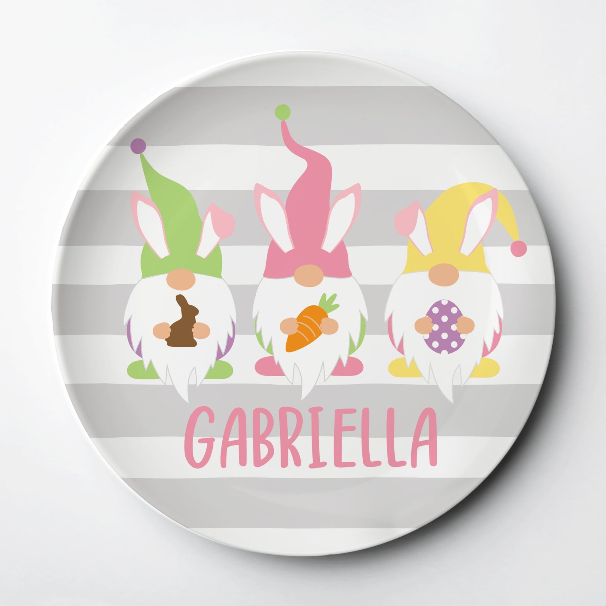 A personalized, reusable Easter Plate featuring three bunny gnomes. Lasts for years!