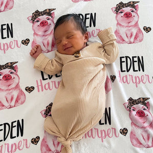 Personalized Girl Name Blanket, featuring a pig in a leopard cheetah headband