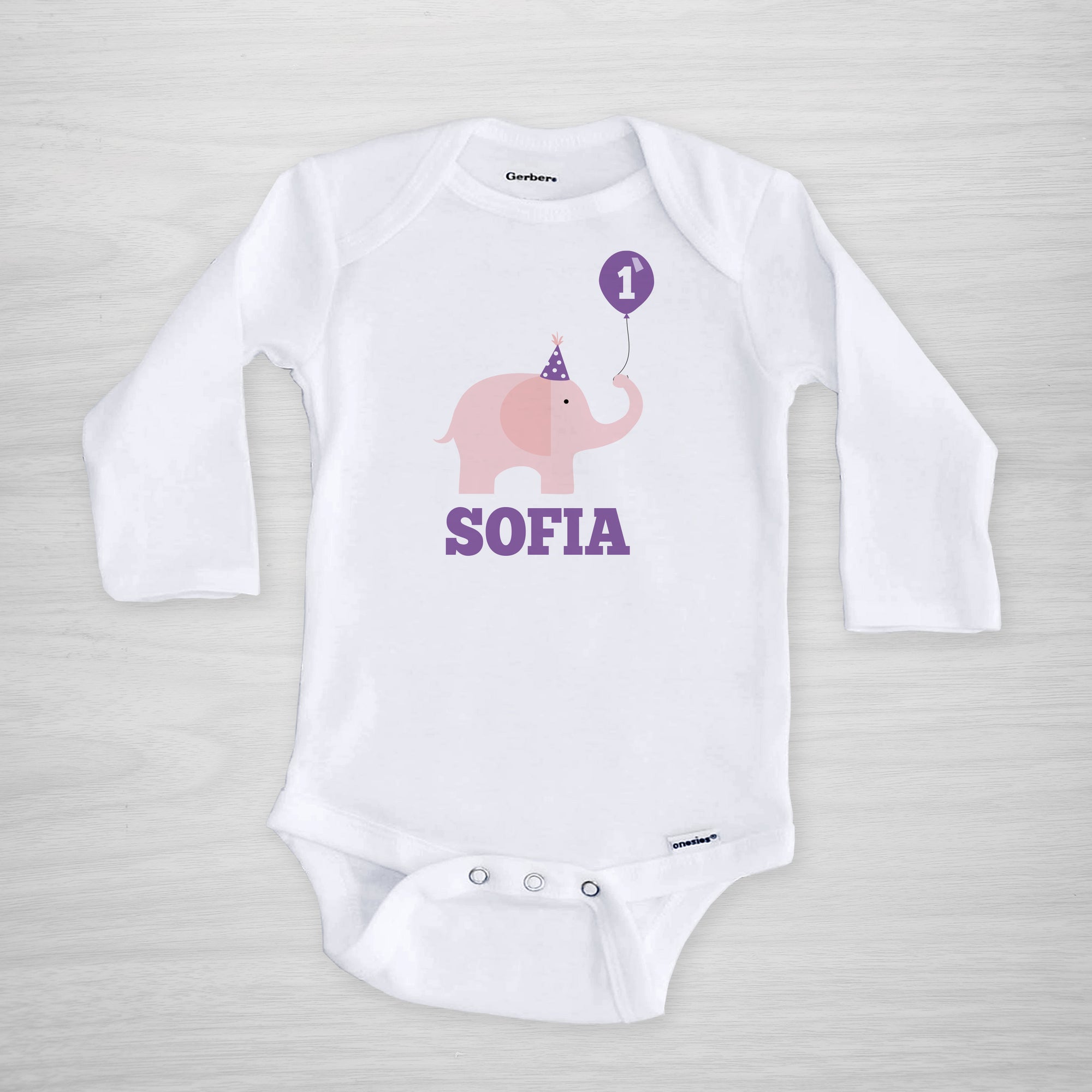 First Birthday Personalized Gerber Onesie, pink elephant with party hat balloon, long sleeved, Pipsy.com