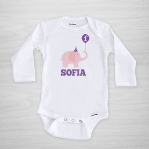 First Birthday Personalized Gerber Onesie, pink elephant with party hat balloon, long sleeved, Pipsy.com