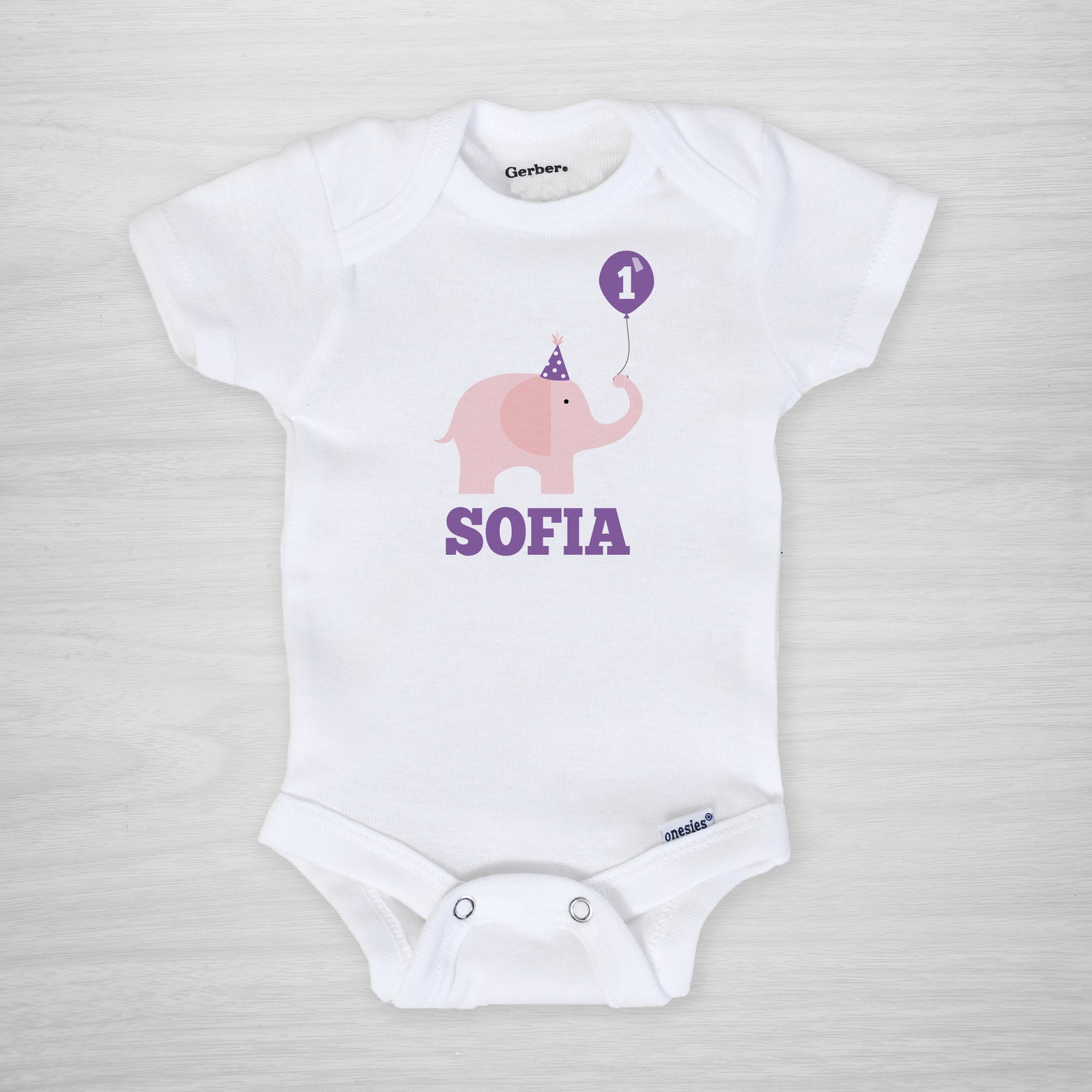 First Birthday Personalized Gerber Onesie, pink elephant with party hat balloon, long sleeved, Pipsy.com