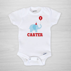 First Birthday Personalized Gerber Onesie, elephant with party hat balloon, short sleeved, Pipsy.com
