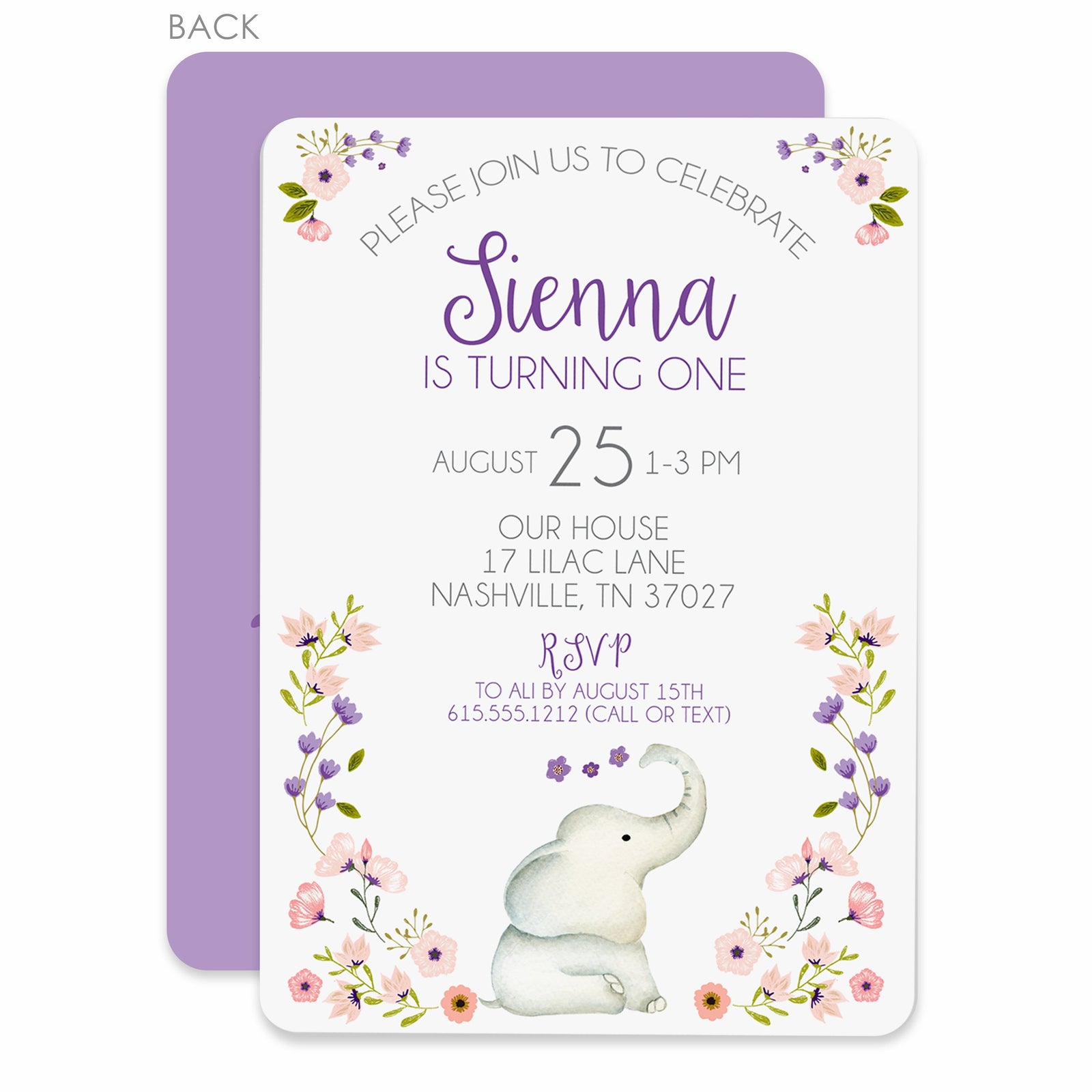 Floral Elephant First Birthday Invitation, Premium Printed Cardstock, PIPSY.COM