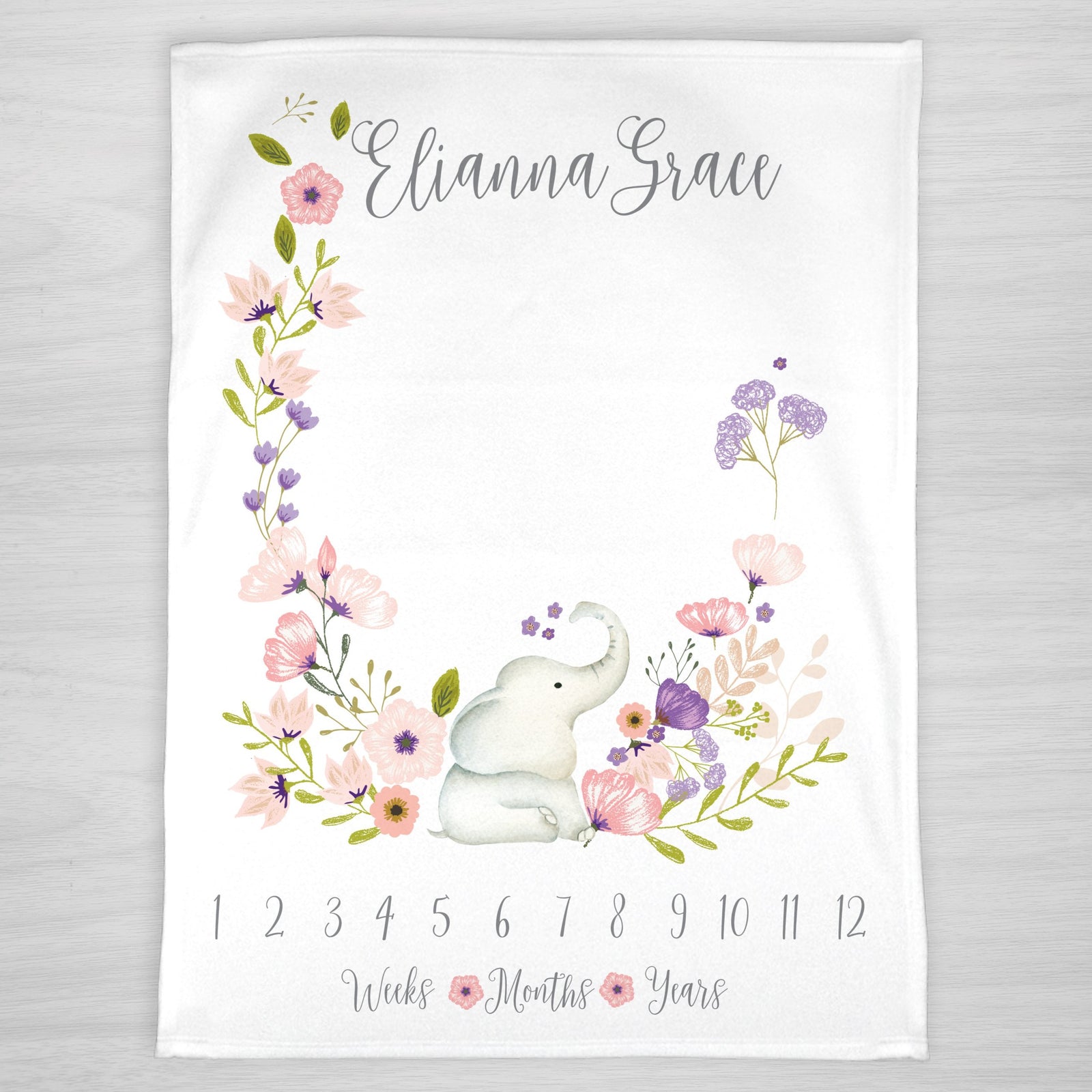 Elephant Floral Milestone Blanket, Personalized with baby's name featuring flowers in pink and purple