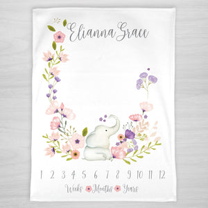 Elephant Floral Milestone Blanket, Personalized with baby's name featuring flowers in pink and purple