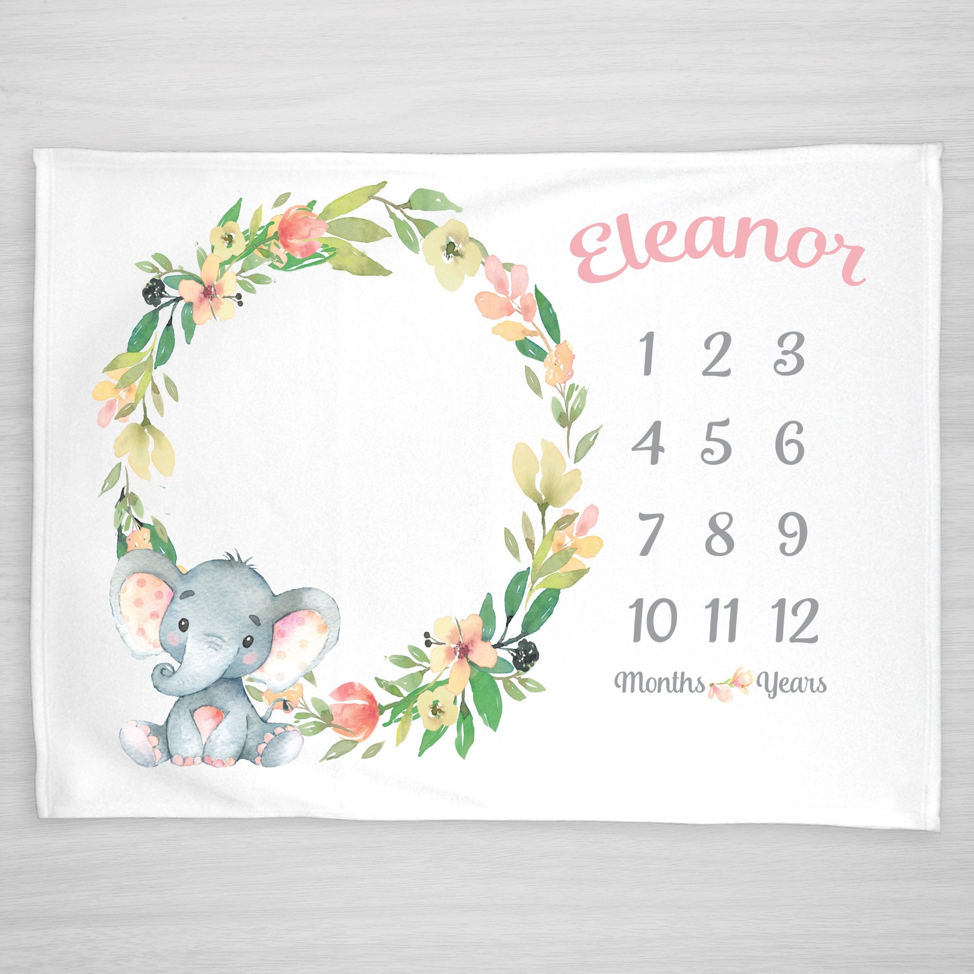 Elephant Floral Wreath Milestone Blanket, Personalized in Pink
