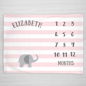 Elephant Milestone Blanket, for a girl with pale pink stripes, personalized
