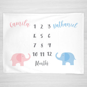 Elephant Twin Milestone Blanket, can do an any colors, Personalized