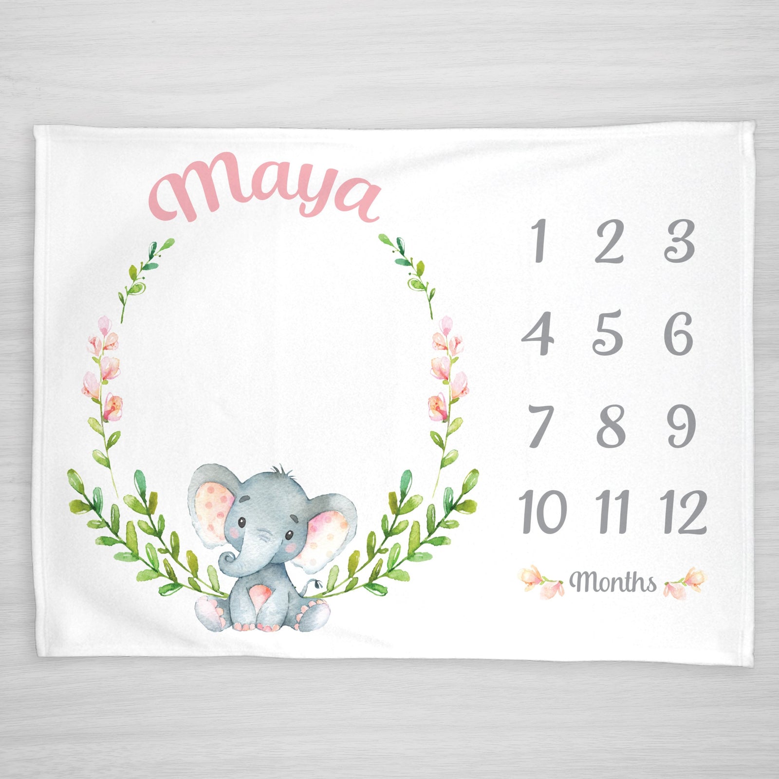 Elephant Milestone Baby Girl Blanket, Pink flowers and wreath, personalized