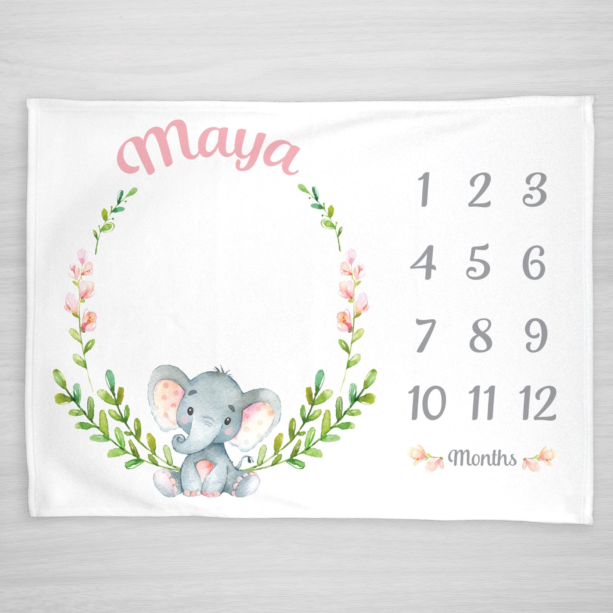 Elephant Milestone Baby Girl Blanket, Pink flowers and wreath, personalized