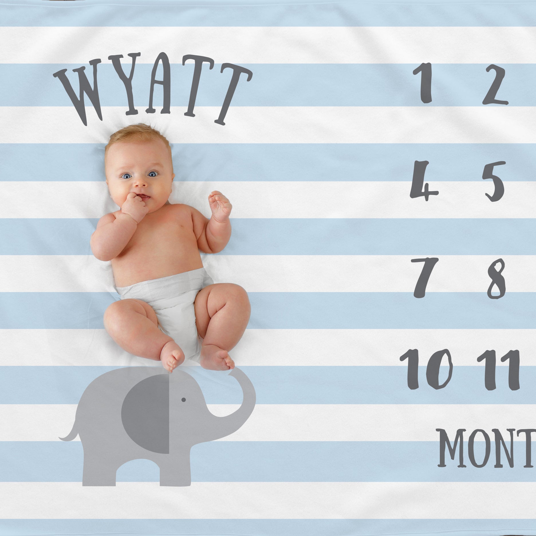 Elephant Milestone Blanket, Gray elephant and baby blue stripes, personalized, boy