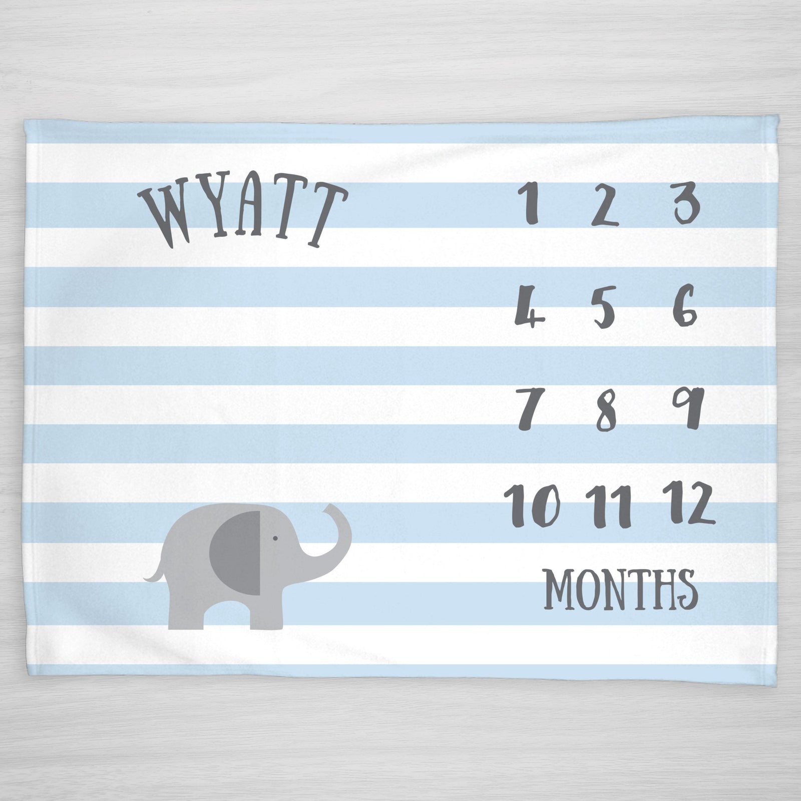 Elephant Milestone Blanket, Gray elephant and baby blue stripes, personalized, boy