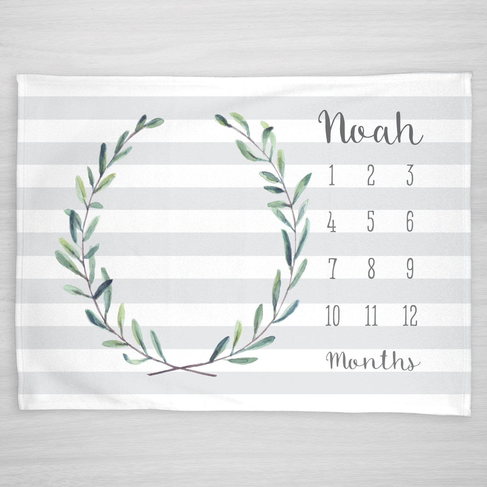 Personalized Milestone Baby Blanket featuring a eucalyptus wreath and soft gray stripes, printed with baby safe inks on a super soft fleece
