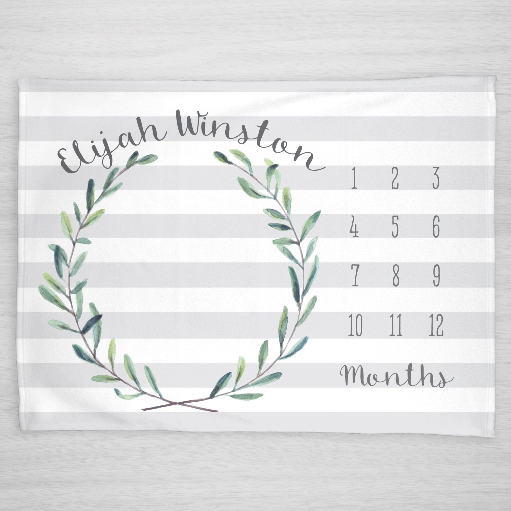 Gender Neutral Milestone Blanket, Personalized with Baby's name, featuring a classic green leaf wreath and gray stripes